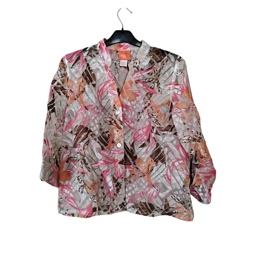 Hearts of Palm Petite Tropical Floral Burnout Button Down Shirt Pink Orange 12P